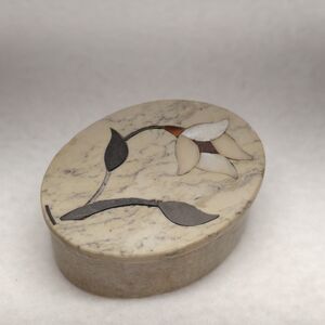 Vintage Soapstone Trinket Box Mother of Pearl Floral Inlay Oval Jewelry Case Box